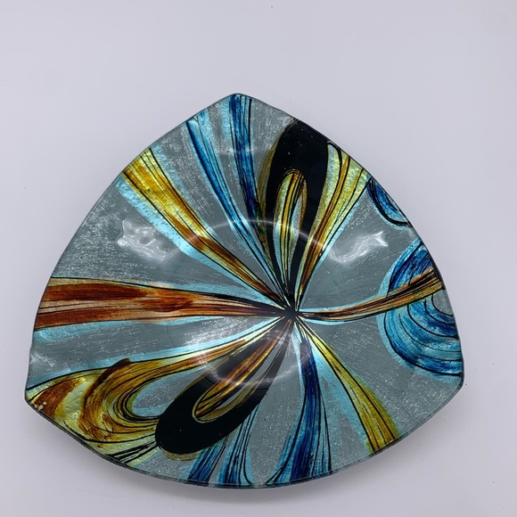 Metallic Quadrifoglio Art Glass Shallow Triangular Trinket Bowl Dish - Picture 6 of 11